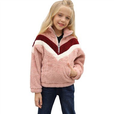 Pembe Çizgili Blok Renkli Yarım Fermuarlı Kız Çocuk Sweatshirt